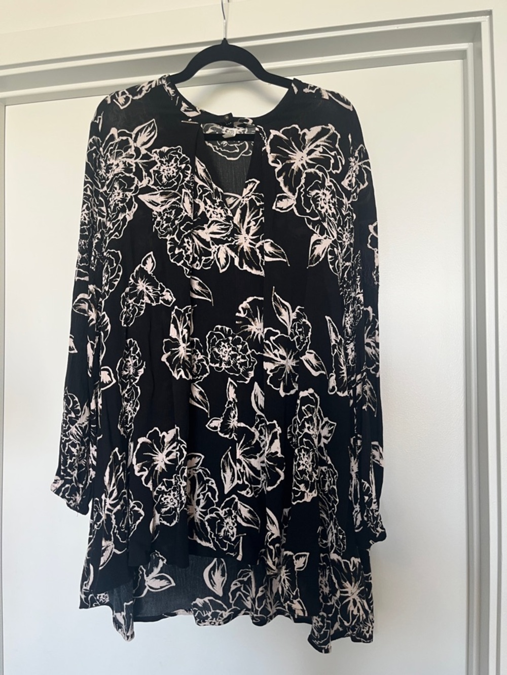 Free People Black Tunic with Cream Floral Accents
